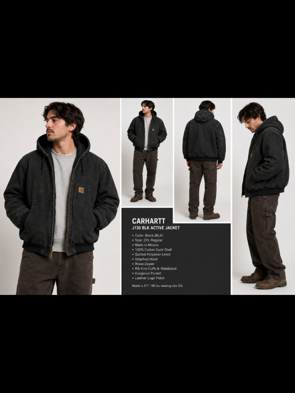 Carhartt J130 Active Jacket Black Duck Canvas Quilted Lined Hooded 2XL Thrashed